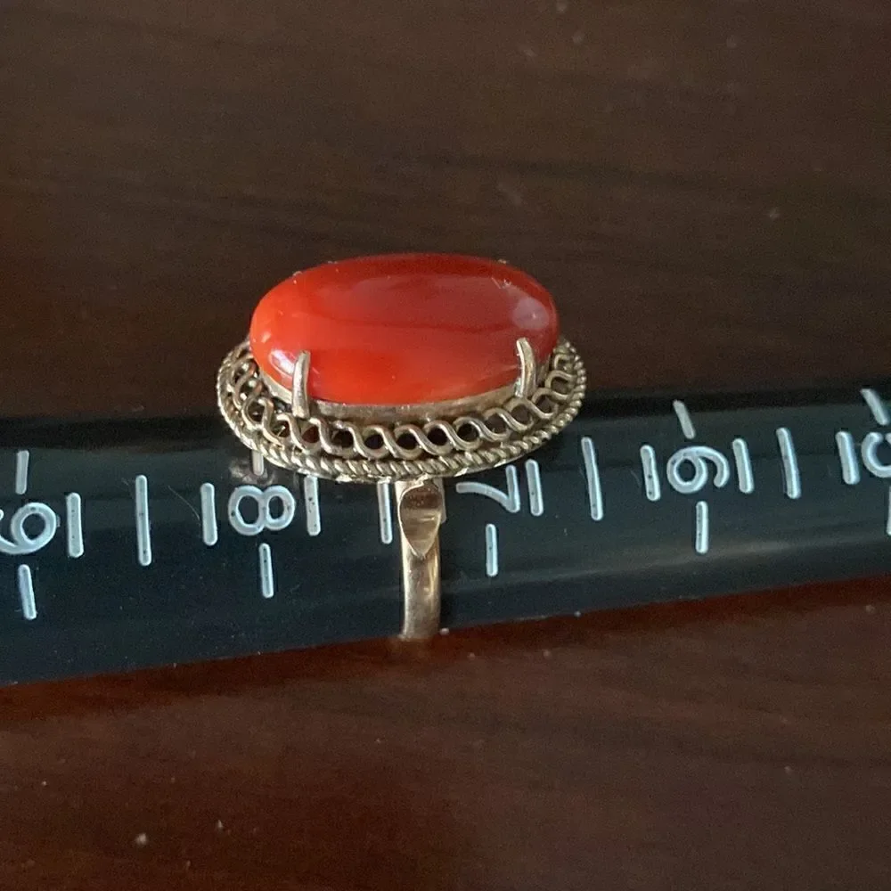 18k gold & Red Coral cabochon estate ring